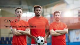  Presentation with football stadium - PPT theme enhanced with football team of three young background and a coral colored foreground