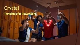  Presentation with gold medal - Presentation theme having football-team-players-celebrating-success background and a tawny brown colored foreground