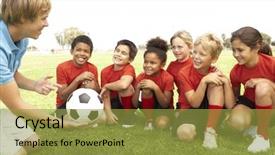  Presentation with football girls - Audience pleasing PPT theme consisting of football team with coach backdrop and a gold colored foreground