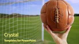  Presentation with soccer net - Beautiful slides featuring football vintage ball in hand net soccer goal green grass background photo illustration backdrop and a tawny brown colored foreground