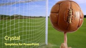  Presentation with soccer net - Beautiful slides featuring football vintage ball in hand net soccer goal green grass background photo illustration backdrop and a tawny brown colored foreground