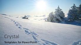  Presentation with footprints - Presentation theme with footprints in the snow reaching to the horizon above the clouds background and a light gray colored foreground