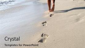  Presentation with footprints sand - Slide set with groom gently hug the bride's shoulders at wedding walk background and a gray colored foreground