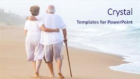  Presentation with elderly - Theme enhanced with footprints sand - elderly couple walking on beach background and a sky blue colored foreground