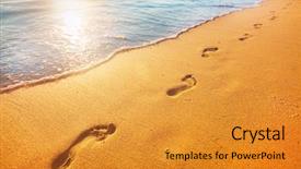  Presentation with footprints sand - Slide set enhanced with footsteps sand - beach wave and footprints background and a gold colored foreground
