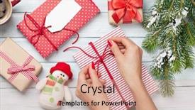  Presentation with gift - Theme with fora da caixa - female hands wrapping christmas gift background and a coral colored foreground