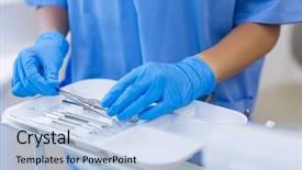  Presentation with nursing to nurse communication - Presentation theme enhanced with forceps - mid section of nurse picking background and a light blue colored foreground