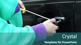  Presentation with sleepy yawning man driving car - PPT theme featuring forcing doors - man burglar stealing car background and a ocean colored foreground