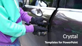  Presentation with sleepy yawning man driving car - PPT layouts featuring forcing doors - man burglar stealing car background and a  colored foreground