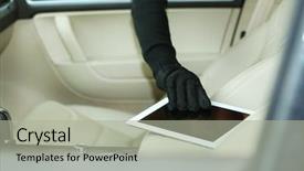  Presentation with car - Presentation design enhanced with forcing doors - man burglar steals the tablet background and a mint green colored foreground