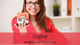  Presentation with toy - Cool new theme with housing forecast - little house toy in woman's backdrop and a red colored foreground