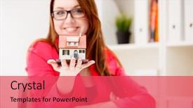  Presentation with toy - Cool new slides with housing forecast - little house toy in woman's backdrop and a red colored foreground