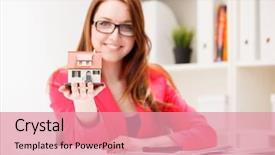  Presentation with toy - Audience pleasing PPT layouts consisting of housing forecast - little house toy in woman's backdrop and a coral colored foreground