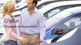  Presentation with car buying - Audience pleasing theme consisting of forecourt - couple buying new car backdrop and a light blue colored foreground