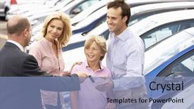  Presentation with car buying - Theme having forecourt - family buying new car background and a light blue colored foreground