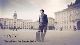  Presentation with suitcase - Colorful slide deck enhanced with foreigin travell - african young man holding backdrop and a light gray colored foreground