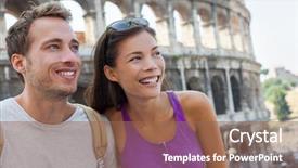  Presentation with rome italy - Theme with foreigin travell - happy tourists couple in rome background and a violet colored foreground