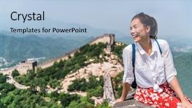  Presentation with china travel - Slides having foreigin travell - young woman tourist on great background and a light blue colored foreground