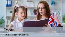  Presentation with english teacher - Colorful PPT layouts enhanced with foreign language - young girl learning english backdrop and a light blue colored foreground