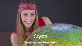  Presentation with language - Presentation theme enhanced with foreign language - young woman posing with globe background and a tawny brown colored foreground