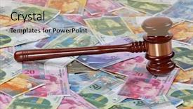  Presentation with judge - Presentation design enhanced with swiss franc currency and a judge hammer background and a coral colored foreground