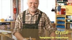  Presentation with workshop tools - Theme featuring foreman - senior happy casual caucasian handyman background and a tawny brown colored foreground