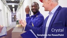  Presentation with foreman - Amazing PPT theme having foreman-and-warehouse-clerk backdrop and a navy blue colored foreground