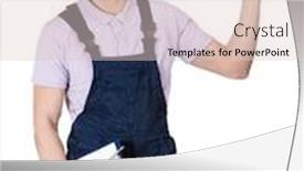  Presentation with foreman - Cool new theme with foreman in orange hard hat and with tablet pointing upward isolated on white backdrop and a lemonade colored foreground