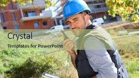  Presentation with walkie talkie - Presentation theme enhanced with foreman on site using walkie talkie background and a mint green colored foreground