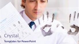  Presentation with fingerprints - Audience pleasing PPT theme consisting of forensic-expert-studying-fingerprints backdrop and a sky blue colored foreground