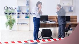  Presentation with forensic - Slide set enhanced with forensic investigator investigating theft in the office background and a sky blue colored foreground