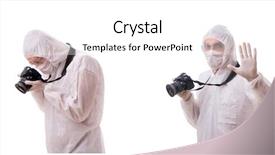  Presentation with forensic - Colorful PPT theme enhanced with forensic specialist in protective suit backdrop and a white colored foreground