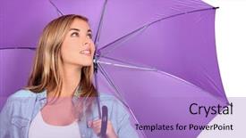  Presentation with purple and teal - Audience pleasing presentation design consisting of foresight - blond woman with purple umbrella backdrop and a  colored foreground