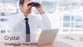  Presentation with foresight - PPT theme consisting of foresight - businessman using binoculars in his background and a coral colored foreground