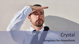  Presentation with city in the distance - Audience pleasing presentation design consisting of foresight - young businessman as founder looks backdrop and a  colored foreground