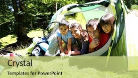  Presentation with camp - Colorful presentation design enhanced with forest camping - portrait of family laying backdrop and a  colored foreground