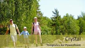  Presentation with portrait happy family smiling - Presentation theme enhanced with forest camping - portrait of happy family walking background and a yellow colored foreground