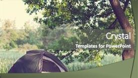  Presentation with tent - Beautiful presentation design featuring forest camping - tent on green grassland backdrop and a gray colored foreground
