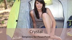  Presentation with tent - PPT layouts featuring forest camping - woman sat in tent background and a coral colored foreground