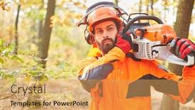  Presentation with chainsaw - Theme having forest-farmer-in-protective-clothing background and a yellow colored foreground