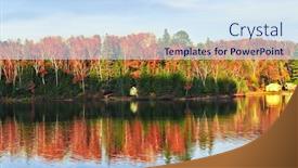  Presentation with reflecting - Slide set enhanced with forest of colorful autumn trees reflecting in calm lake background and a sky blue colored foreground