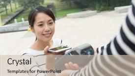  Presentation with pos - Presentation theme having forest restaurant - woman pay on pos machine background and a soft green colored foreground