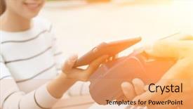  Presentation with pos - Slide deck with forest restaurant - woman pay on pos machine background and a coral colored foreground