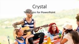  Presentation with play - Cool new PPT layouts with forest restaurant - young hipster male play guitar backdrop and a white colored foreground