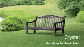  Presentation with pond - Beautiful presentation design featuring forest service - empty wooden bench backdrop and a tawny brown colored foreground