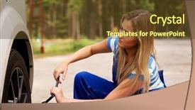  Presentation with female mechanic - Colorful slide set enhanced with forest service - female mechanic changing tire backdrop and a tawny brown colored foreground