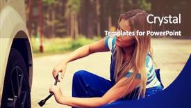  Presentation with female mechanic - Audience pleasing presentation theme consisting of forest service - female mechanic changing tire backdrop and a tawny brown colored foreground