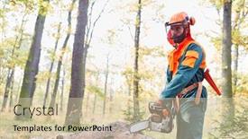  Presentation with chainsaw - Audience pleasing slides consisting of forest-worker-as-a-lumberjack backdrop and a soft green colored foreground