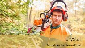  Presentation with chainsaw - Audience pleasing PPT layouts consisting of forest-worker-as-a-lumberjack backdrop and a yellow colored foreground