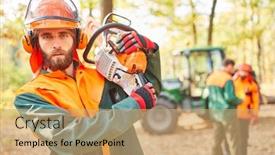  Presentation with chainsaw - Cool new presentation theme with a woodcutter with chainsaw backdrop and a coral colored foreground